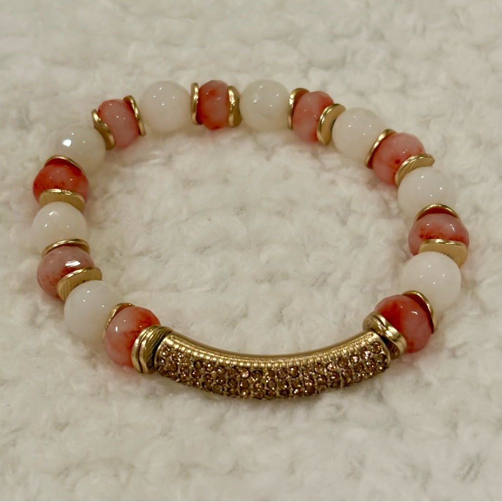 Chico's Gold and Coral Beaded Stretch Bracelet